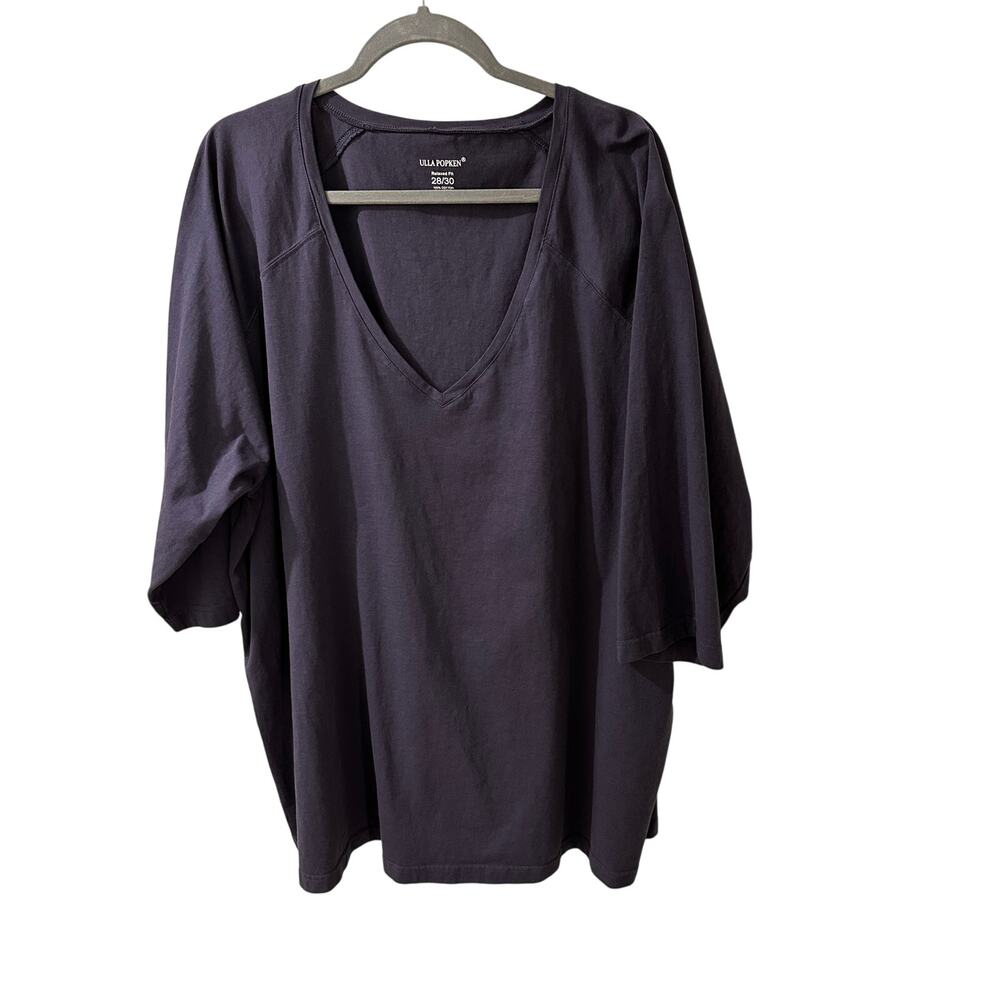 Ulla Popken V-Neck Cotton Relaxed Fit T Shirt Lagenlook, Blue, 28/30